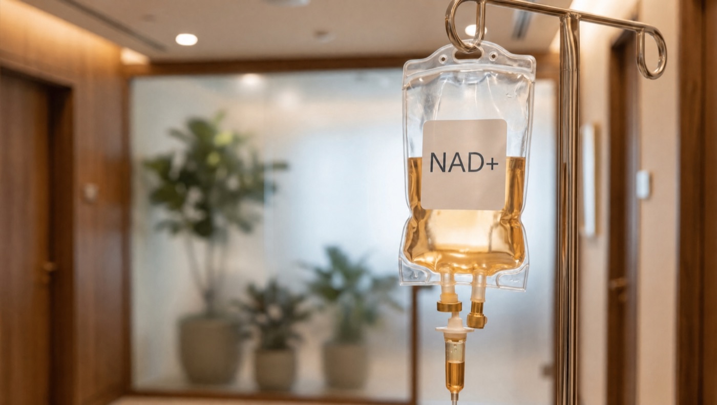 An NAD+ IV drip hanging in a warm, plant-filled clinic
